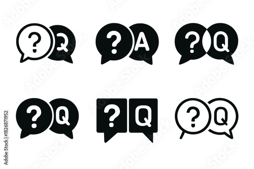 Interactive Quiz Icons. Interactive quiz template. Icon set. Set Logo of quiz design: chat bubbles with question and answer. harmonious logo variations of the