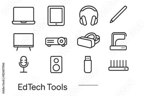 EdTech Icon Set. EdTech Tools. Line icon set of EdTech Tools: laptop, tablet, headphones, stylus, interactive whiteboard, projector, VR headset, document