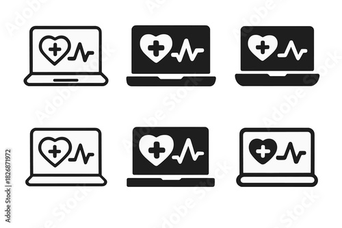 Digital Health Logos. Digital health startups. Icon set. Set Logo of digital health startups: laptop with medical dashboard interface. harmonious