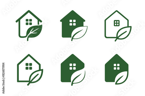 Nature-Inspired Architecture Logos. Ecological architecture blending with nature. Icon set. Set Logo of ecological architecture blending with nature: house
