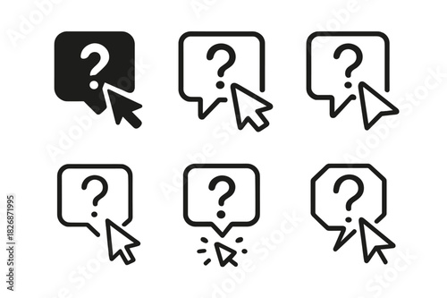 Quiz Icon Variations. Interactive quiz template. Icon set. Set Logo of quiz design: cursor clicking on question box. harmonious logo variations of the same