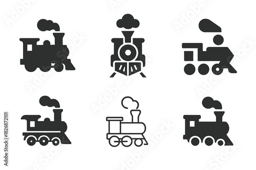 Classic Transport Icons. Historical transportation methods (ships, planes, automobiles). Icon set. Set Logo of historical transport: classic steam locomotive.