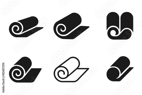 Yoga Mat Icons. Sports equipment. Icon set. Set Logo of Sports equipment: yoga mat rolled. harmonious logo variations of the same emblematic concept, each with
