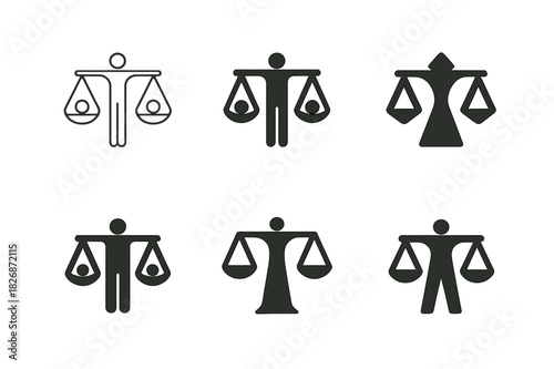 Justice Emblem Variations. Human rights. Icon set. Set Logo of Human rights: scales of justice with people. harmonious logo variations of the same emblematic