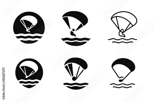 Paragliding Logo Variations. Paragliding. Icon set. Set Logo of Paragliding: glider over ocean horizon. harmonious logo variations of the same emblematic