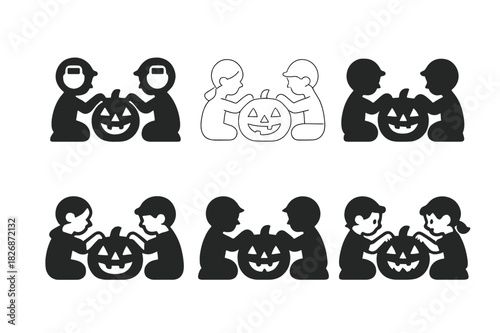Halloween Pumpkin Logos. Children Carving Pumpkins for Halloween. Icon set. Set Logo of Children Carving Pumpkins for Halloween: trick-or-treat bucket.