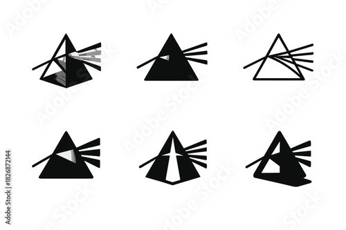 Prism Logo Variations. Shadows and light. Icon set. Set Logo of Shadows and light: prism casting spectrum and shadow. harmonious logo variations of the same
