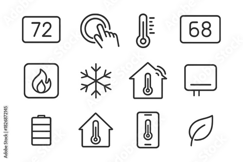 Thermostat Control Icons. Checking the Thermostat. Line icon set of Checking the Thermostat: thermostat display, hand adjusting dial, temperature scale,