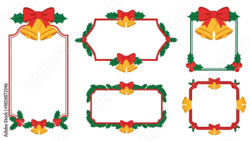 Set of decorative Christmas frames and borders with bells and holly for festive holiday greetings