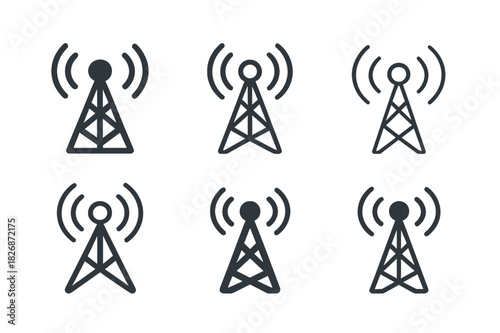Broadcast Logo Variations. Broadcast journalism. Icon set. Set Logo of Broadcast journalism: radio tower emitting waves. harmonious logo variations of the same