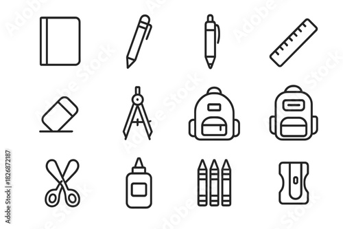 School Supplies Icons. School supplies. Line icon set of school supplies: notebook, pencil, pen, ruler, eraser, compass, protractor, backpack, scissors, glue,