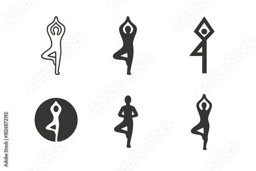 Yoga Balance Icons. body balance pose. Icon set. Set Logo of body balance pose: person in tree yoga position. harmonious logo variations of the same emblematic