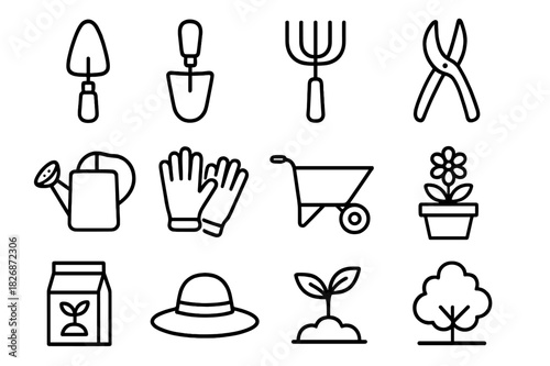 Gardening Tools Icons. Gardening Tools. Line icon set of Gardening Tools: trowel, shovel, rake, pruning shears, watering can, gloves, wheelbarrow, flower pot,