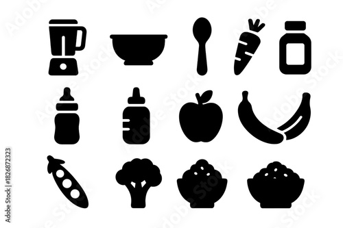 Baby Meal Icons. Baby meal kit. Solid icon set of Baby meal kit: blender, baby bowl, spoon, jar, bottle, carrot, apple, banana, peas, broccoli, oatmeal, mashed
