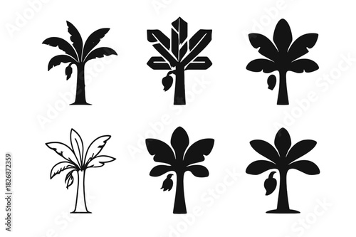 Banana Plantation Icons. banana plantation. Icon set. Set Logo of banana plantation: banana tree silhouette. harmonious logo variations of the same emblematic