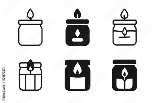 Candle Logo Variations. candle. Icon set. Set Logo of candle: aromatic candle jar. harmonious logo variations of the same emblematic concept, each with