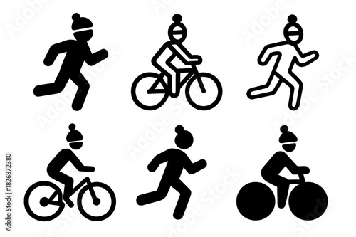 Cool Weather Adventures. Outdoor activities in cooler weather (running, cycling). Icon set. Set Logo of Outdoor activities in cooler weather