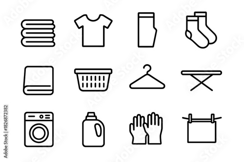 Folding Clothes Icons. Folding Clothes. Line icon set of Folding Clothes: folded stack, t-shirt, pants, socks, towel, laundry basket, hanger, ironing board,