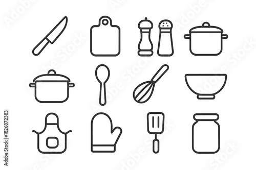 Cooking Essentials Icons. Cooking essentials. Line icon set of cooking essentials: knife, cutting board, pepper grinder, salt shaker, pot, spoon, whisk, bowl,