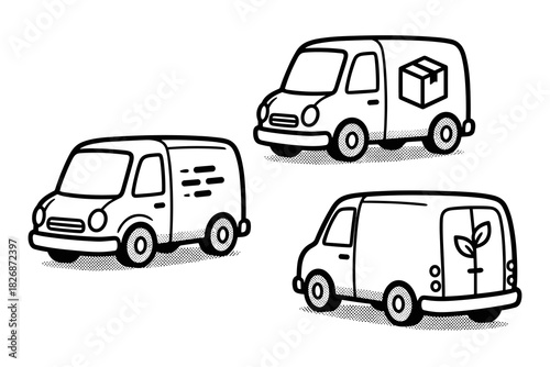 Wallpaper Mural Set of three cartoon delivery vans in black and white. Torontodigital.ca