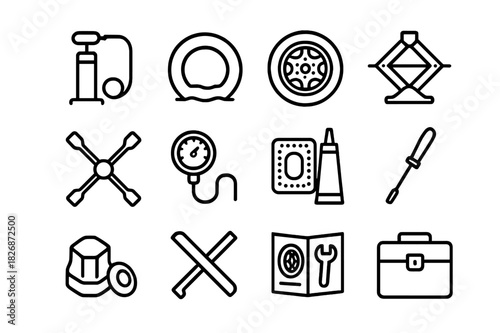 Tire Maintenance Icons. Tire Maintenance. Line icon set of Tire Maintenance: tire inflator, flat tire, spare tire, jack, wrench, air gauge, patch