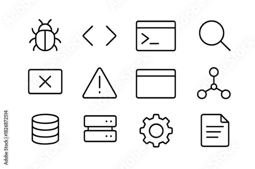 Web Debugging Icons. Web app debugging. Line icon set of Web app debugging: bug, code snippet, console, magnifying glass, error message, warning triangle,