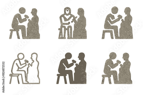 Sculptor Logo Variations. Sculptor working on a stone statue. Icon set. Set Logo of sculptor working on a stone statue: stone texture pattern. harmonious logo