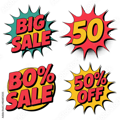 Collection of four vibrant comic book style sale announcement explosion shapes featuring big sale 50 percent off and 30 percent sale text isolated on transparent background