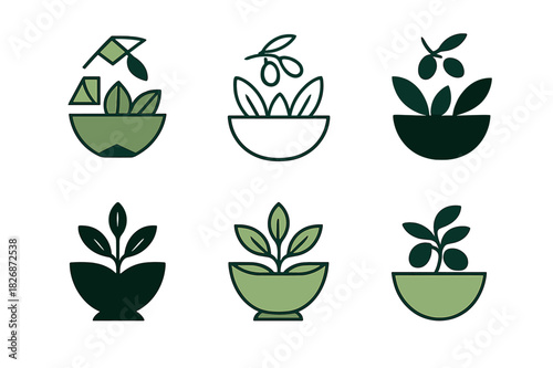 Salad Logo Variations. salad. Icon set. Set Logo of salad: olive branch. harmonious logo variations of the same emblematic concept, each with different