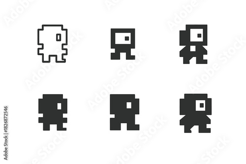 Indie Game Icons. Indie games. Icon set. Set Logo of indie games: pixelated character. harmonious logo variations of the same emblematic concept, each with