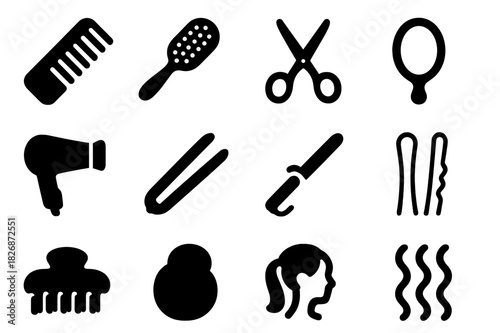 Classic Hairstyle Icons. Classic hairstyle. Solid icon set of Classic hairstyle: comb, hairbrush, scissors, mirror, hair dryer, straightener, curling iron,