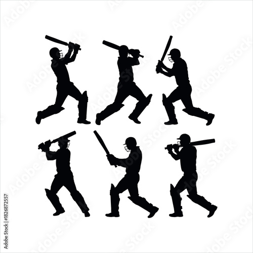 Cricket player silhouette set isolated on white background