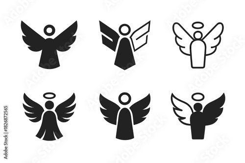 Angelic Logo Variations. angelic presence. Icon set. Set Logo of angelic presence: wings spread above figure. harmonious logo variations of the same emblematic