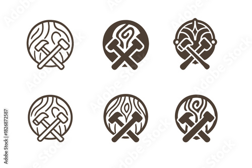 Antique Furniture Logos. Restoring antique furniture and home items. Icon set. Set Logo of vintage craftsmanship: carpenter?s tools and wood grain. harmonious