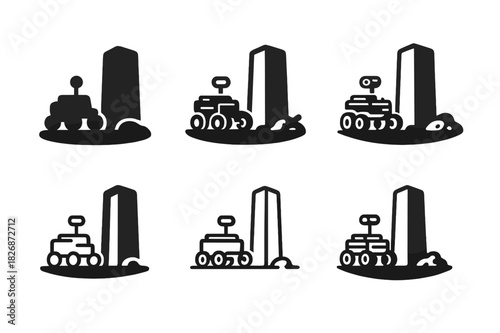 Extraterrestrial Icon Exploration. The Search for Ancient Extraterrestrial Life. Icon set. Set Logo of planetary exploration: rover near monolith on distant