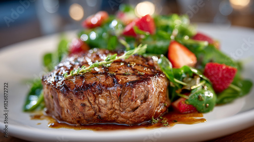 High-detail culinary presentation of juicy grilled steak paired with leafy green salad and sliced strawberries, plated on a bright white dish with elegant restaurant-style composit
