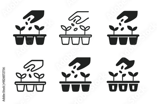 Garden Icon Set. Planting seeds in pots. Icon set. Set Logo of Planting seeds in pots: nursery tray of small pots. harmonious logo variations of the same