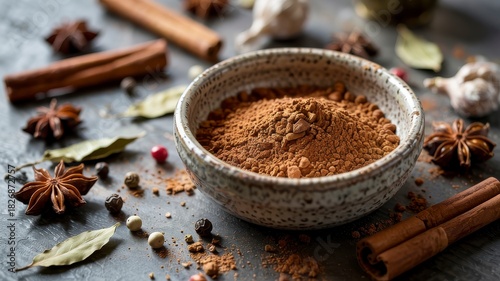 Close up of spices including cinnamon in a bowl and star anise on a textured dark surface