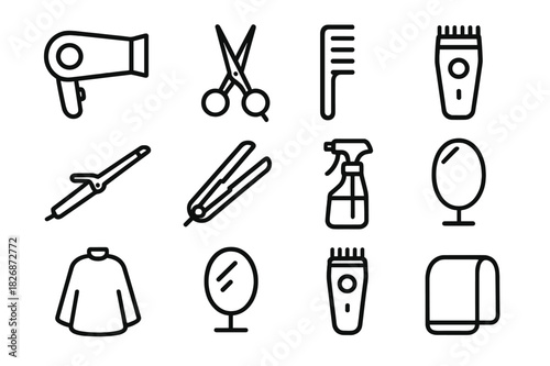 Hair Styling Icons. Hair styling. Line icon set of Hair styling: hairdryer, scissors, comb, hair clipper, curling iron, flat iron, spray bottle, hairbrush,