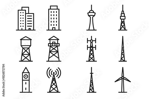 Multi-Purpose Structure Icons. Multi-purpose structures. Line icon set of Multi-purpose structures: mixed-use high-rise, office skyscraper, observation tower,