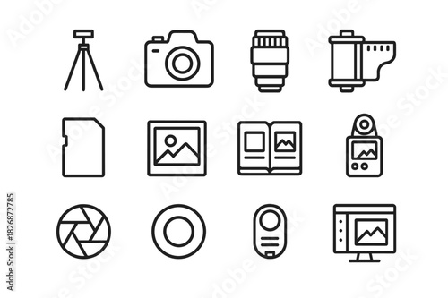 Photography Essentials Icons. Photography tools set. Line icon set of Photography tools set: tripod, camera, lens, film roll, memory card, photo frame, photo