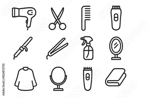 Hair Styling Icons. Hair styling. Line icon set of Hair styling: hairdryer, scissors, comb, hair clipper, curling iron, flat iron, spray bottle, hairbrush,