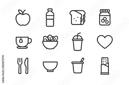 Nutrition Icon Set. Nutrition and wellness. Line icon set of Nutrition and wellness: apple, water bottle, sandwich, vitamins, tea cup, salad, smoothie, heart,
