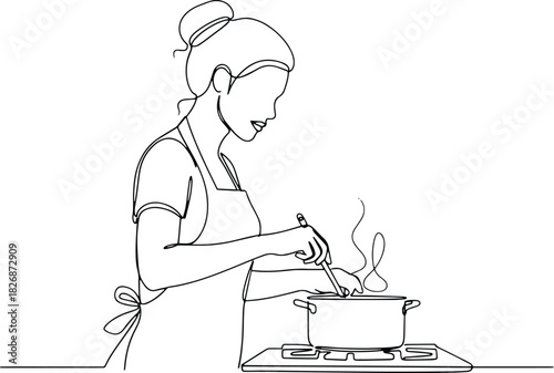 Woman cooking on stove line art, stirring pot, home kitchen activity.