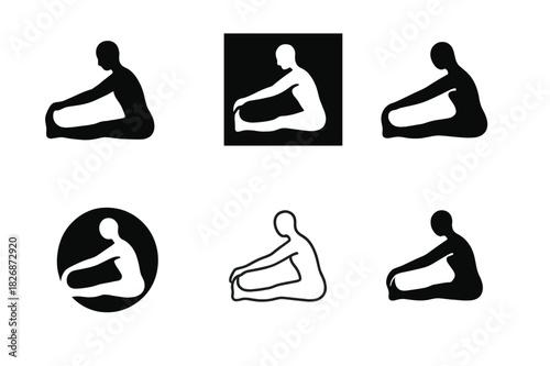 Pilates Logo Variations. Pilates and Stretching. Icon set. Set Logo of mindful movement: silhouette performing leg stretch. harmonious logo variations of the