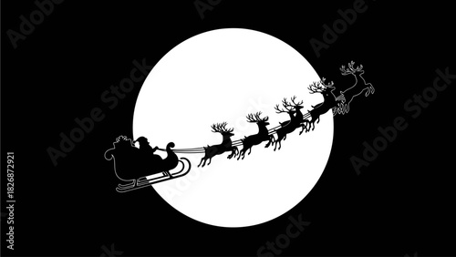 Santa Claus Flying in a Sleigh with Reindeer Silhouetted Against a Large Full Moon on a Dark Night Sky