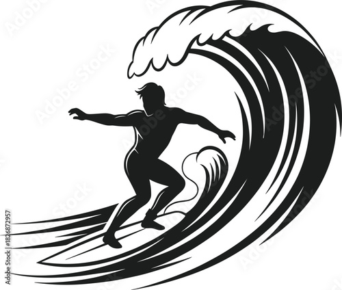 Surfer riding big ocean wave vector silhouette surfing action sport beach summer sea adventure