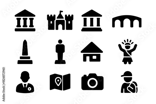 Cultural Heritage Icons. Cultural tourism and heritage sites. Solid icon set of Cultural tourism and heritage sites: ancient temple, castle, museum, historic