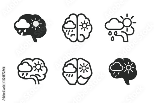 Brain Emotion Icons. The brain's role in anxiety and depression. Icon set. Set Logo of the brain's role in anxiety and depression: brain with storm cloud and