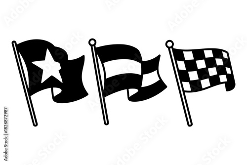 Set of three stylized flags waving on poles including a star fla
